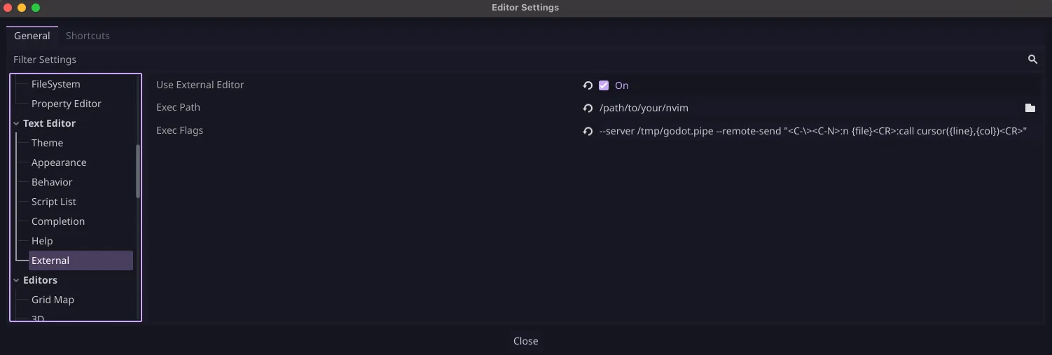 Godot editor settings for an external editor